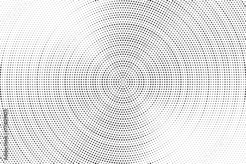 Radial halftone gradient background. Dotted concentric texture with fading effect. Black and white circle shade wallpaper. Grunge rough vector. Monochrome backdrop. Vector illustration.