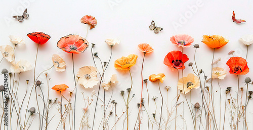Horizontal seamless border with poppy flowers isolated on white background