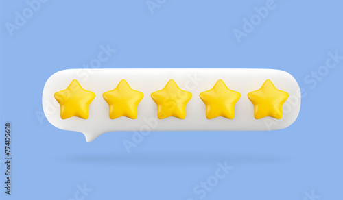 3d gold five stars in white speech bubble. Realistic render of customer review, best rating, positive feedback concept. 3d quality service symbol on blue background with shadow.