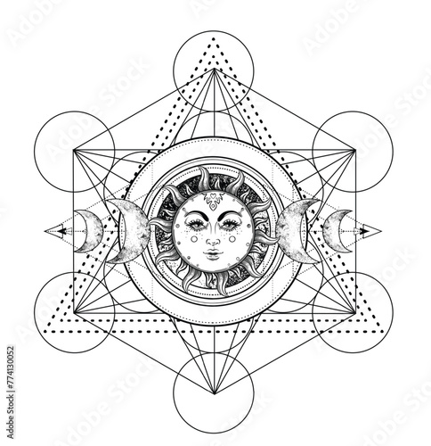 Metatron Cube. Moon pagan Wicca moon goddess symbol. Three-faced Goddess, Maiden, Mother, Crone isolated vector illustration. Tattoo, astrology, alchemy, boho and magic symbol. Coloring book.