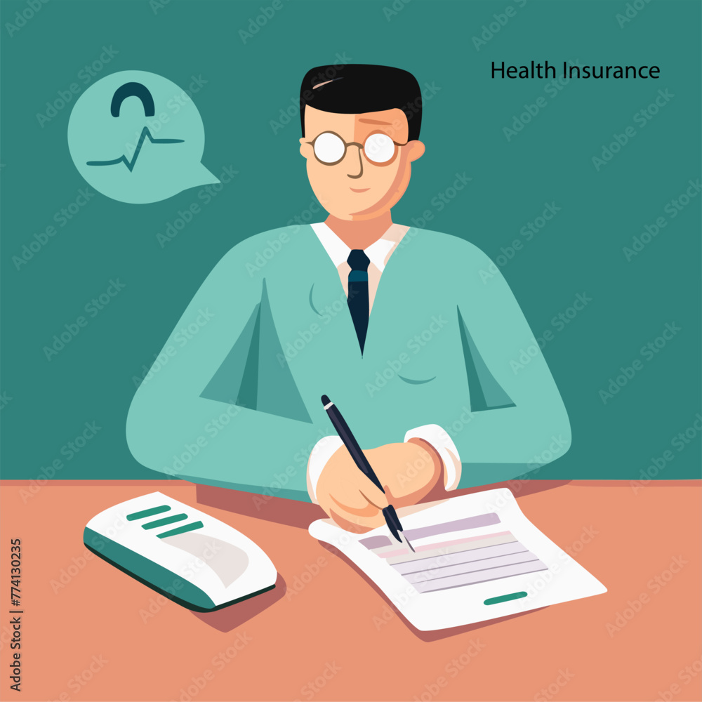 Man doctor fill insurance healthcare document, prescription. Vector medical concept Man doctor fill insurance healthcare document, prescription. Vector medical concept