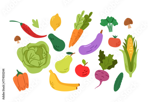 Fruits and Vegetables Set. Healthy Food. Hand Drawn Vector Illustration in Trendy Minimalist Style.