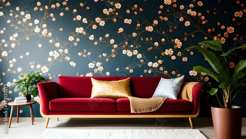 modern living room floral interior decoration and sofa