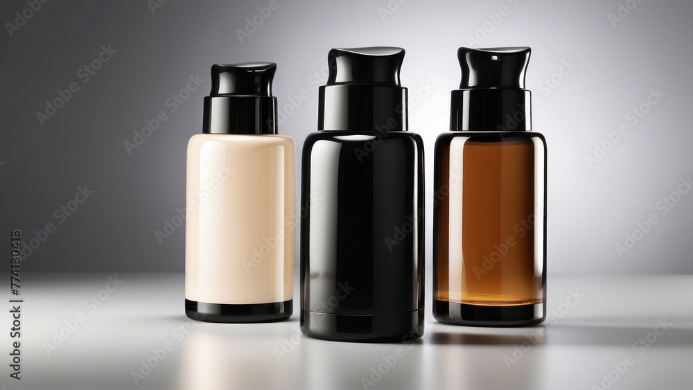 Luxury Trio of Foundation Pump Bottles in Beige, Black, and Amber on a Glossy Surface