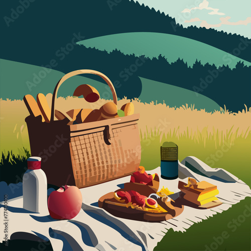 summer picnic in tablecloth with basket food, fruits in outdoor landscape  vector illustration 10 eps