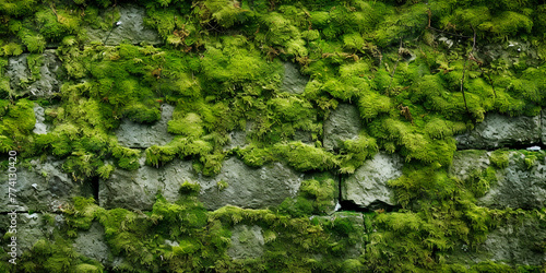 Old concrete wall overgrown with moss