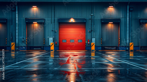 Industrial Warehouse Loading Docks with Red Doors on a Rainy Day. Generative ai