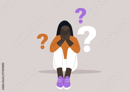 Dilemma of Uncertainty, A Person Surrounded by Questions, a character sits overwhelmed with hands covering their face, flanked by floating question marks