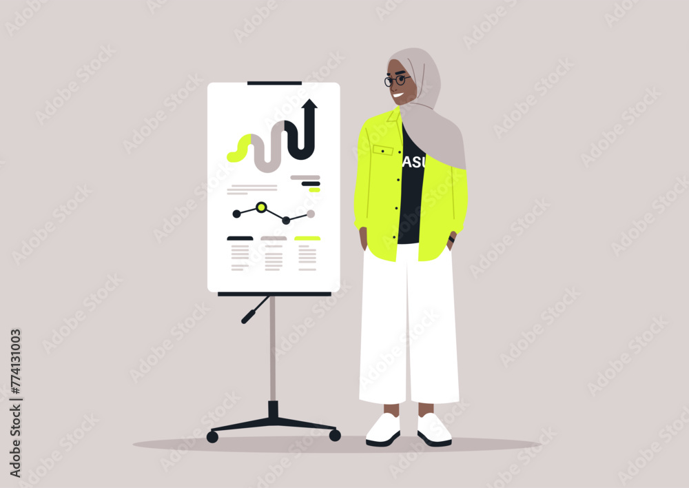 A woman wearing a hijab stands contemplatively in front of a flip chart, engrossed in thought, in a business office setting A woman wearing a hijab stands contemplatively in front of a flip chart, engrossed in thought, in a business office setting