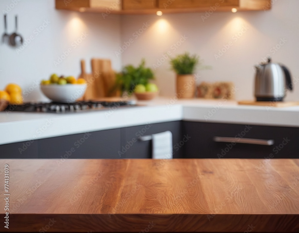 Empty wooden table in the kitchen, blurred background, modern interior style, background for the presentation of products, food, recipes. copy space Empty wooden table in the kitchen, blurred background, modern interior style, background for the presentation of products, food, recipes. copy space