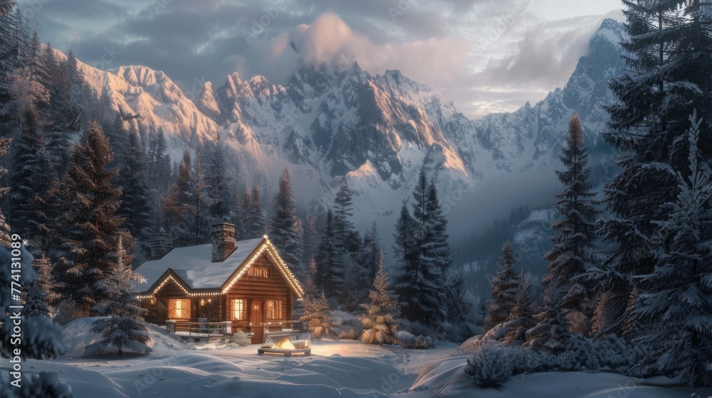 A cozy holiday cabin nestled amidst towering pine trees and snow-capped mountains, with a flickering fire and warm glow emanating from the windows, offering a peaceful retreat for holiday relaxation a
