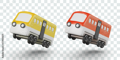 Set of subway cars of different colors. Yellow and red railway car in flying position