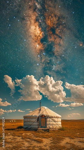 A traditional yurt camp in Mongolia, under a vast, starry sky, where the silence of the steppe is profound, and the night is alive with the sound of distant wildlife