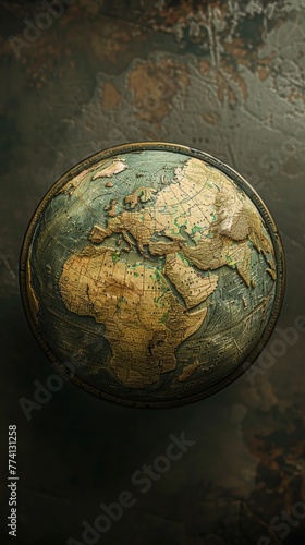 A globe from a topdown perspective, showcasing its geographical details