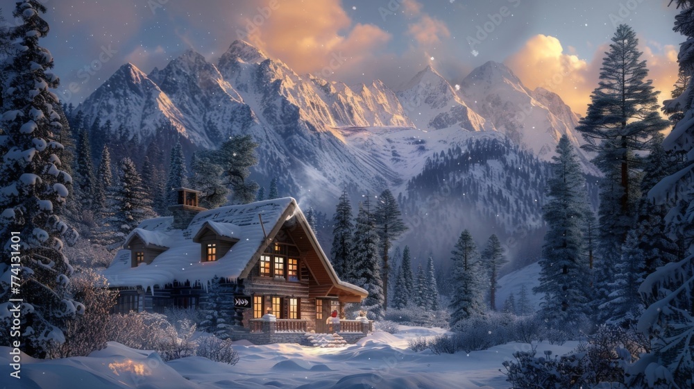 A cozy holiday cabin nestled amidst towering pine trees and snow-capped mountains, with a flickering fire and warm glow emanating from the windows, offering a peaceful retreat for holiday relaxation a