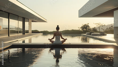 Yoga adept grace young woman sitting in lotus pose and meditating beside pool on Luxury huge house terrace. Active people, Oriental practices in common life, relaxing mental health concept image photo