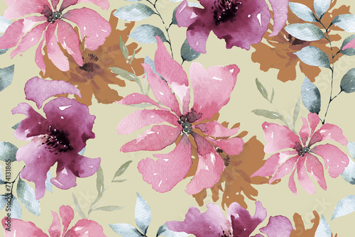 Seamless pattern of blooming flowers painted in watercolor on black background.For fabric luxurious and wallpaper, vintage style.Hand drawn botanical floral colorful pattern. © joy8046