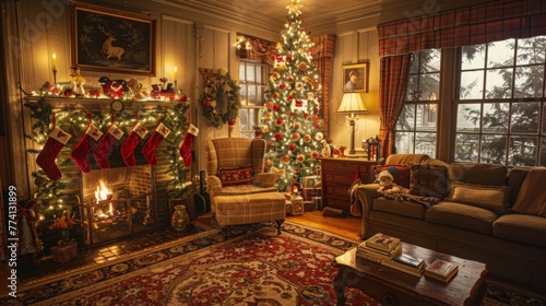 A cozy holiday living room scene, with a decorated Christmas tree, plush sofas, and a crackling fireplace casting a warm glow, creating the perfect setting for intimate family gatherings and cherished