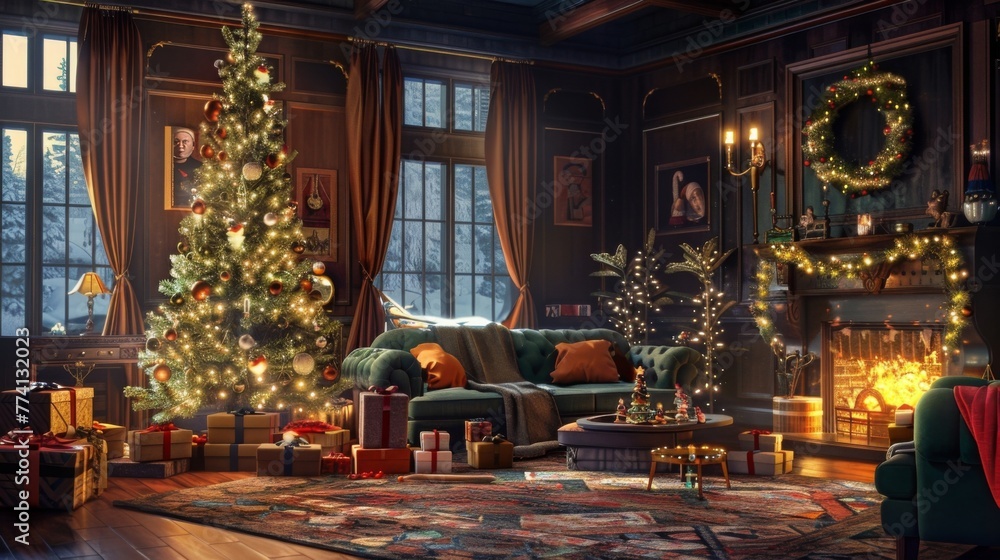 A cozy holiday living room scene, with a crackling fireplace, plush armchairs, and a decorated Christmas tree, creating the perfect setting for intimate family gatherings and cherished holiday traditi