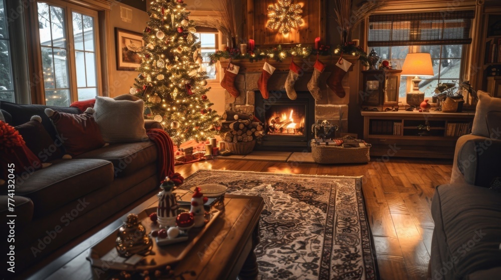 A cozy holiday living room scene, with a crackling fireplace, plush armchairs, and a decorated Christmas tree, creating the perfect setting for intimate family gatherings and cherished holiday traditi