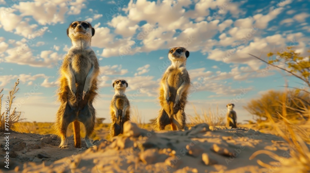 A curious group of meerkats, standing on their hind legs with alert expressions, as they keep watch over their burrow in the sandy plains of the Kalahari Desert. - obrazy, fototapety, plakaty 