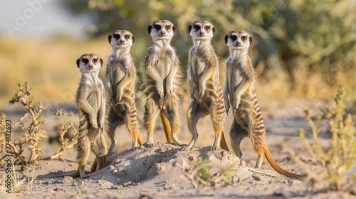 A curious group of meerkats, standing on their hind legs with alert expressions, as they keep watch over their burrow in the sandy plains of the Kalahari Desert.