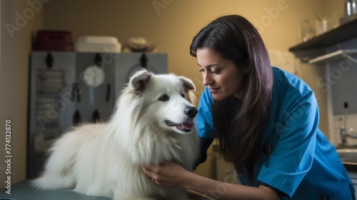 A woman in scrubs examines a fluffy dog. photo