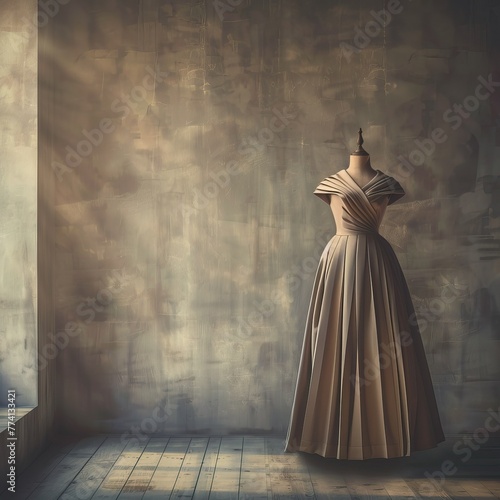 Elegant beige dress on mannequin in vintage room