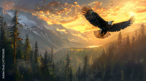 Wallpaper Mural White eagle flying in a sunset over a forest and mountains - Generated by AI Torontodigital.ca
