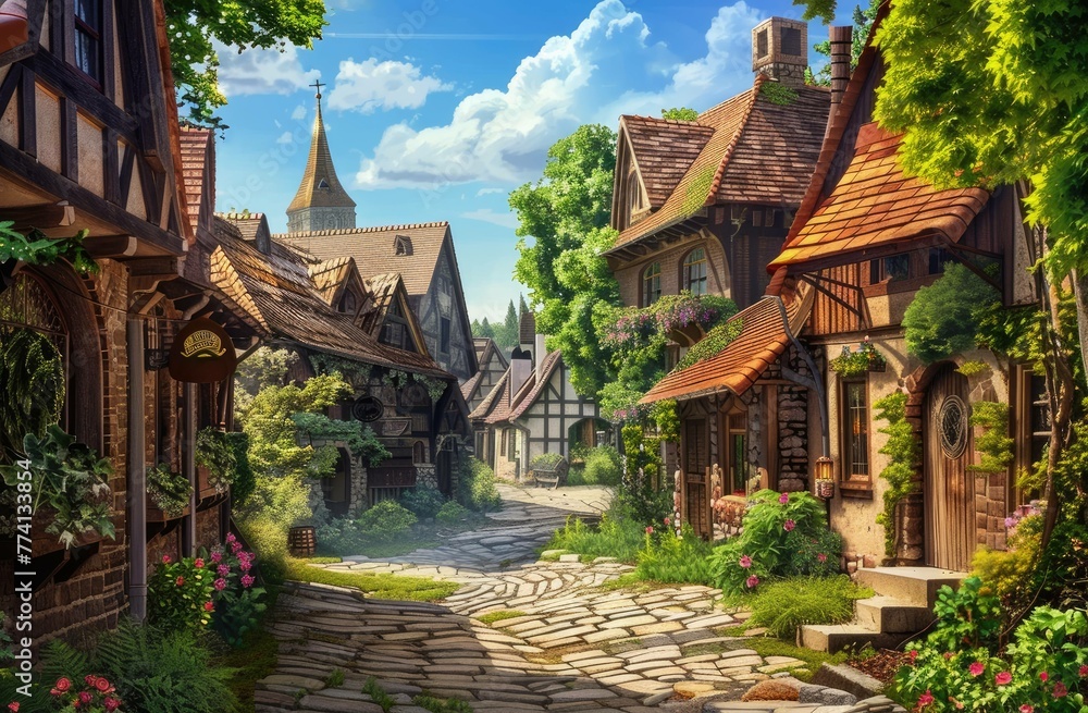 Enchanted Children's Storybook Village Scene with a Cobblestone Road
