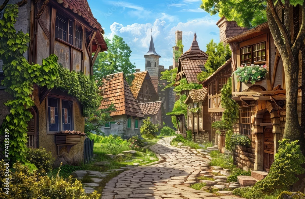Obraz premium Enchanted Children's Storybook Village Scene with a Cobblestone Road