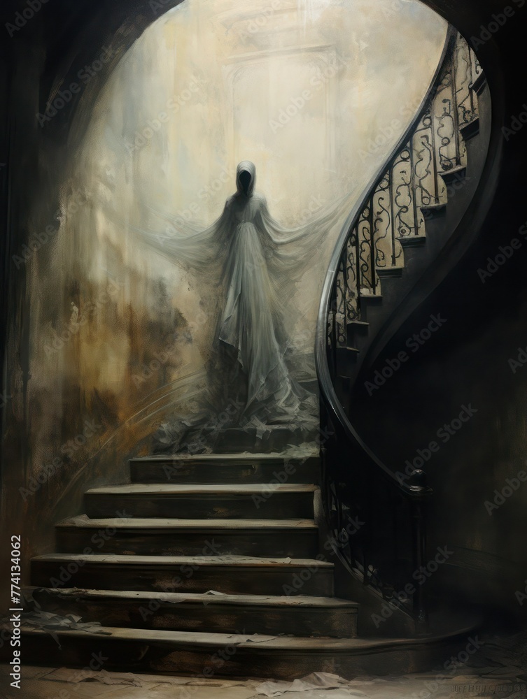 Ghost of a woman in the hood in melting long dress on the stairs in old gothic abandoned castle, vertical image. - obrazy, fototapety, plakaty 
