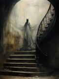 Ghost of a woman in the hood in melting long dress on the stairs in old gothic abandoned castle, vertical image.