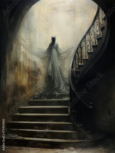 Ghost of a woman in the hood in melting long dress on the stairs in old gothic abandoned castle, vertical image. photo