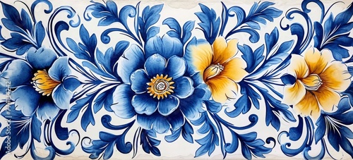 Artistic pattern on tiles made using the majolica technique drawn by hand with watercolors used for textile prints and fabric designs, Generative AI  photo
