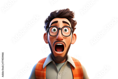 Shocked scared amazed cartoon character adult man male guy person portrait in 3d style design on light background. Human people feelings expression concept photo