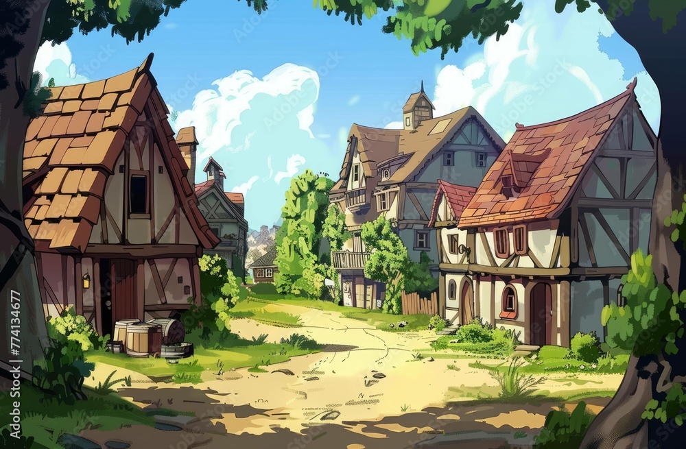 Medieval Cartoon Village Street: Children's Story Fairytale Background