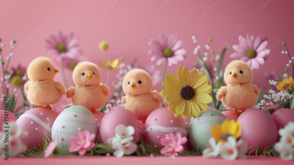 Four cute chicks among Easter eggs and flowers on a vibrant pink background Four cute chicks among Easter eggs and flowers on a vibrant pink background