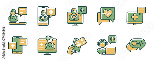 digital health care doctor consultation icon vector set online medical diagnosis support assistance signs illustration collection design