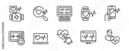 heartbeat cardiogram icon vector line set heart pulse diagnosis health care monitoring signs outline illustration