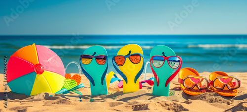 A lineup of colorful flip-flops, heart-shaped sunglasses, a beach ball, and snorkeling goggles on sandy beachfront with a clear blue sky and ocean in the background