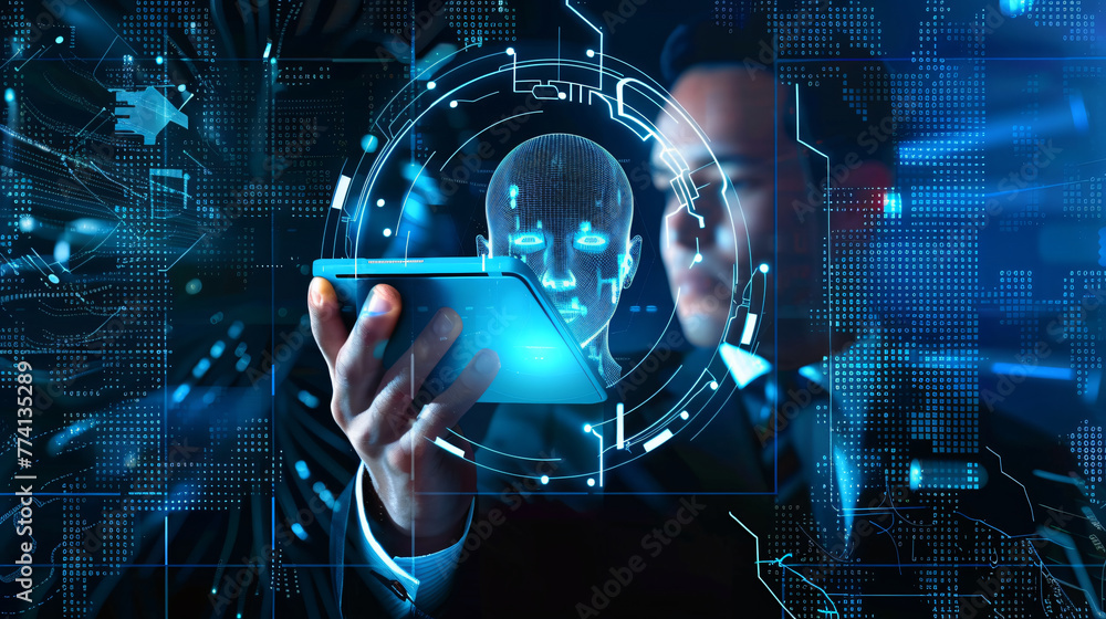 Fototapeta premium artificial intelligence concept, businessman using digital tablet, analysis digital 3d human face, business data, polygonal face, brain power, blue background, generative ai
