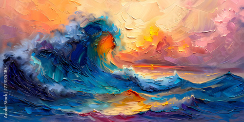 Abstract colorfull ocean water waves oil painting on canvas