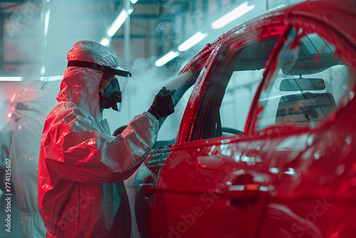 auto painting worker. car in a paint chamber during repair work photo