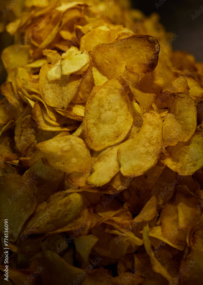 Potato chips close up photo. Street food. Potato chips close up photo. Street food.