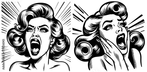 pin-up girl screams, vintage comic style, black vector, beauty woman cartoon print, retro silhouette pinup illustration © Malgo