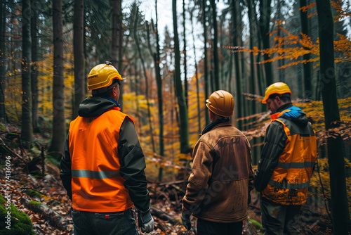 Three foresters in the woods during a walk or inspection photo