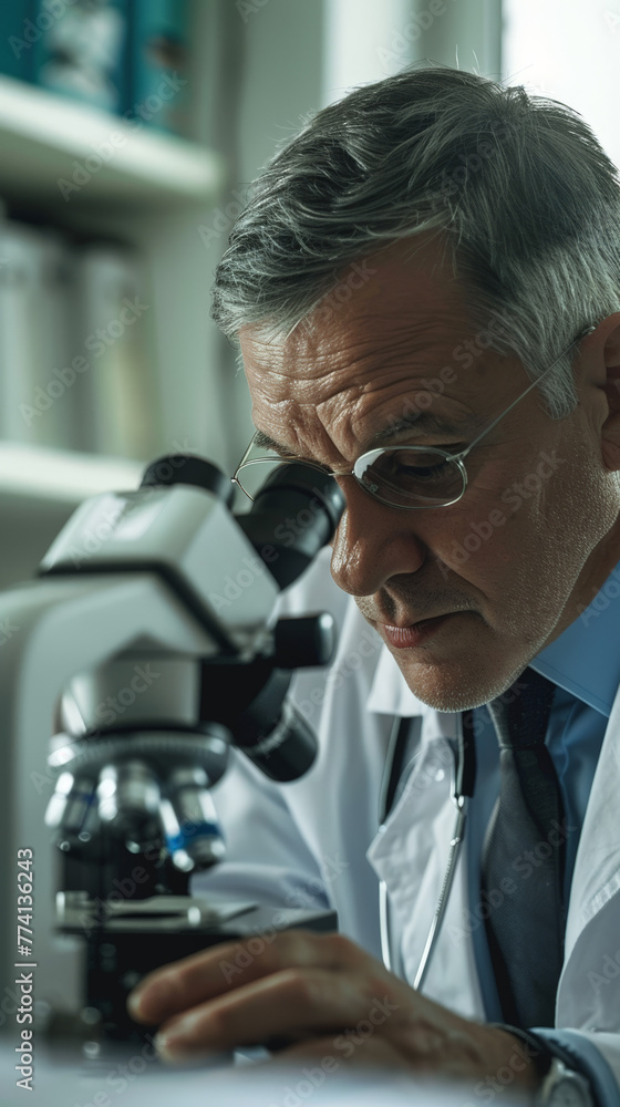 An experienced senior scientist with gray hair is intently using a microscope in a laboratory setting.
