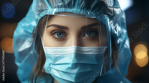 The camera focuses sharply on the human face concealed behind a medical mask, conveying powerful message of caution and vigilance, symbolizing the prevailing need for protective measures in daily life photo