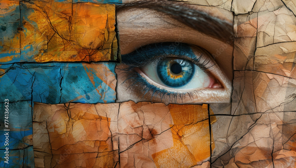 Closeup of a female eye reflected in a blue eye on a weathered and cracked brick wall